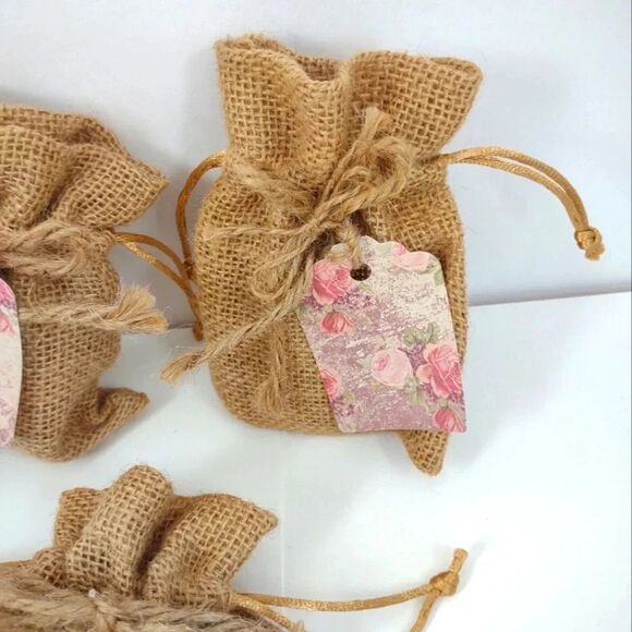 Natural Burlap Favor Drawstring Bags with Gift Tag lot of 3 - Picture 3 of 8